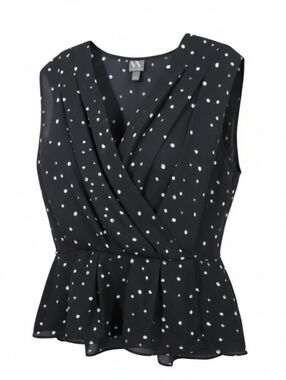 Worthington Black Sleeveless Blouse White Spot Faux Wrap Peplum Top Size Large